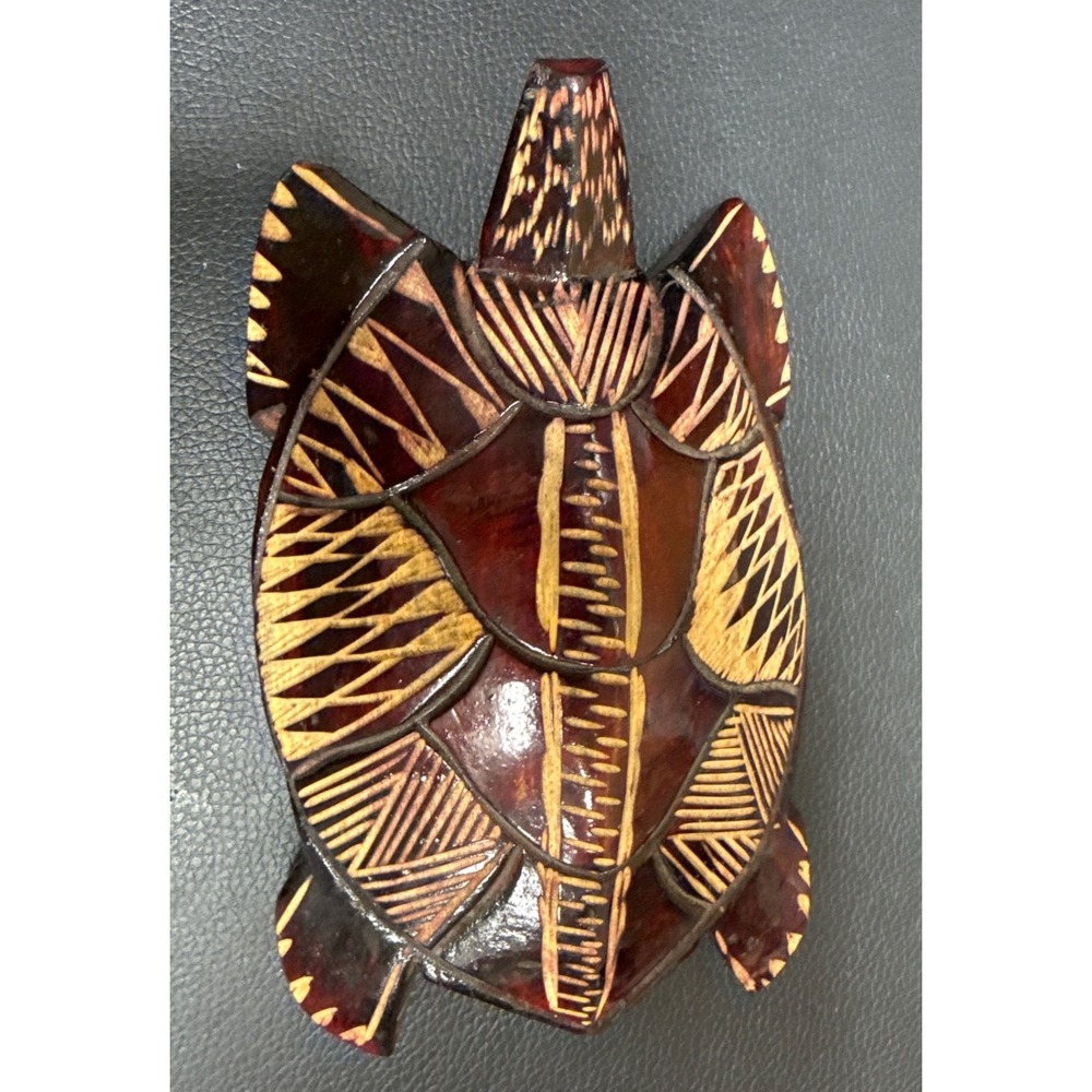Vintage Hand Carved Wooden Sea Turtle Figurine Folk Art Brown 9 Inch